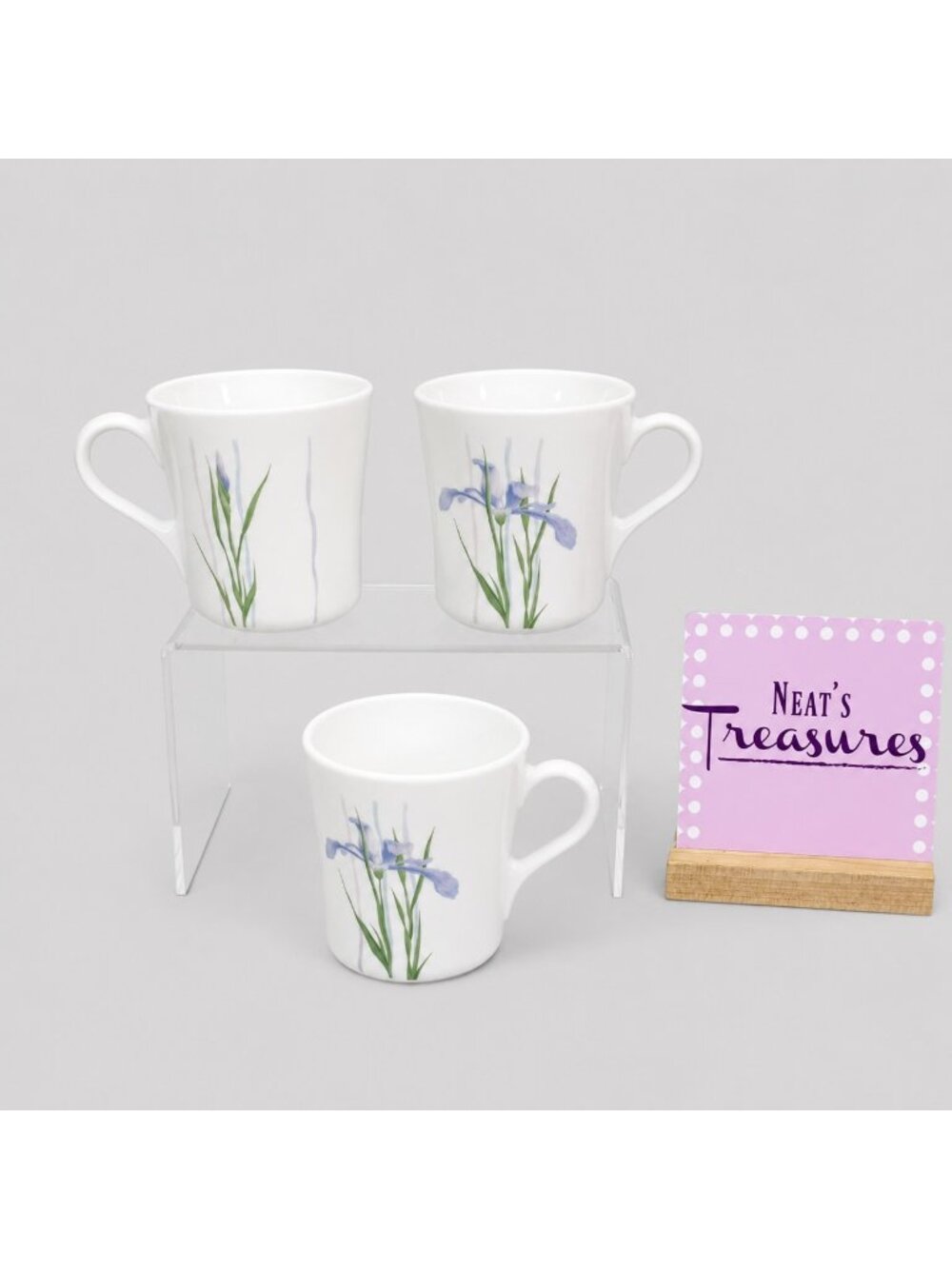 Corelle Corning SHADOW IRIS Purple Pastel Flowers White 8oz Stoneware Cups Set 3